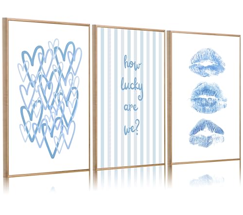 3Pcs Trendy Blue Wall Art Light Blue Preppy Wall Decor How Lucky Are We Pictures Funky Kiss Lips Artwork Coquette Aesthetic Poster Prints for Girl Bedroom Living Room Bar Dorm 12x16in Unframed