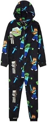Minecraft Pijama Polar Entero con Capucha y Cremallera para Niño (AOP Negro, 11-12 Años)