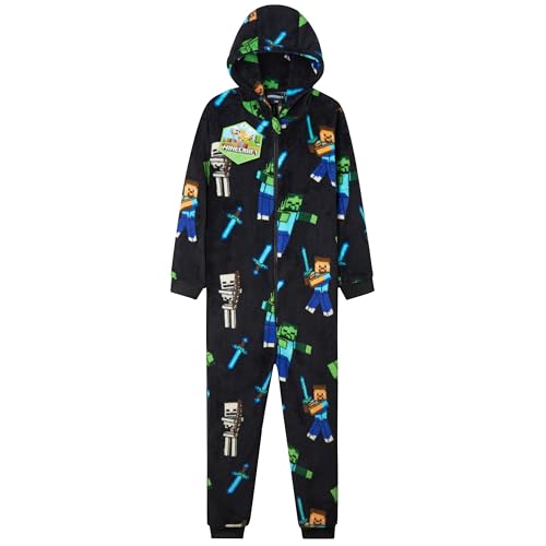 Minecraft Fleece Jumpsuit Kinder Jungen Schlafoverall mit Kapuze, Gamer...