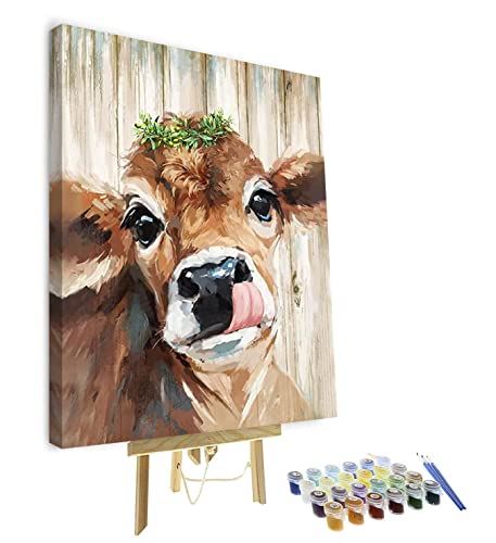 TISHIRON Paint by Numbers for Adults Kids Beginner Cute Cow DIY Acrylic Oil Painting Gift Kits Canvas Drawing Paintworks with Paintrushes Home Decorations 16 x 20 inch with Frame