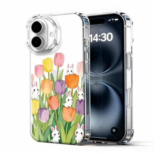 DTJHTBJY for iPhone 16 Case, Floral Clear Cases for iPhone 16, Cute Floral Pattern Flower Design, Scratch Resistant Shockproof Cover, Aesthetic Phone Cover, Tulips and Rabbits Phone Case（B064）