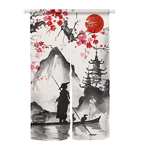 ChloropLastid Japanese Traditional Ink Painting Doorway Curtain, Red Sun Black Tapestry for Wall Hanging, Japanese Noren Bedroom Partition Kithchen Divider Bathroom Door Decor, 33.5"x 59"