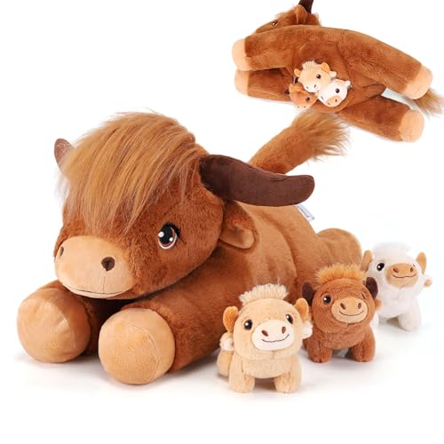 Image of 4 Pieces Highland Cow Stuffed Animals - 1 Mommy Stuffed Highland Cow with 3 Babies - Brown Cow Gifts for Girls Age 3-8, Cows Plush Toys for Christmas, Valentine's, Birthday Gifts (Brown)