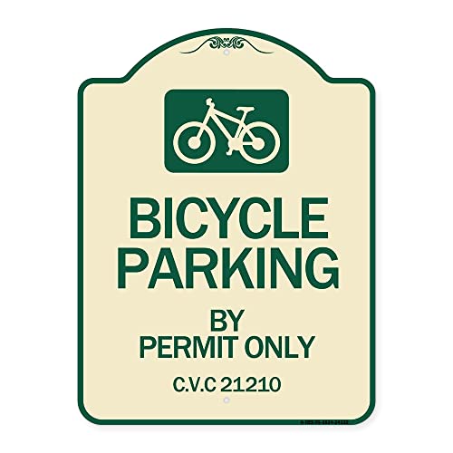 SignMission Designer Series Sign - Bicycle Parking by Permit Only C.V.S. 21210 (with Bicycle Graphic) | Tan & Green 18" x 24" Heavy-Gauge Aluminum Architectural Sign | Made in The USA