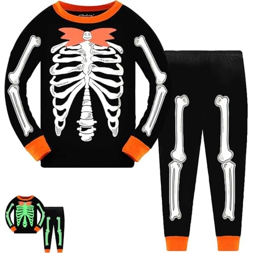 Tkria Kids Pajamas for Boys Skeleton Glow-in-The-Dark Cotton Sleepwear Toddler Clothes Halloween Outfit Size 1-7T… 4T Skeleton Gentleman