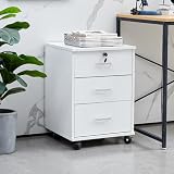 LEMROE Armadietto mobile a 3 cassetti con serratura e ruote in legno stile industriale per ufficio domestico (bianco, 3 cassetti)