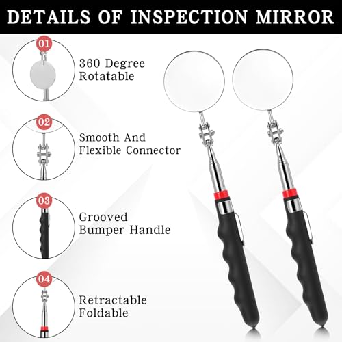 6Pcs Telescoping Inspection Mirror 360°Swivel Stainless Steel Mechanic Mirror with Long Handle Adjustable Telescopic Mirror for Observing Vehicle Condition Small Details(Round)