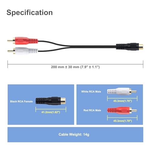 VCELINK RCA Splitter 1 Female to 2 Male (8 Inch), Stereo Audio Y Cable, Gold Plated Dual RCA Male Adapter for Car Audio, Subwoofer, TV, CD Player, Home Theater and so on, 2 Pack - Thumbnail 6
