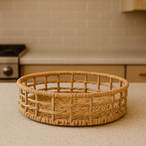 Image of Ikari Homes Round Woven Raffia Basket, Natural Decorative Storage Tray| Gifting Basket |Boho decor storage vanity basket I Sustainable organisor Round Basket (12 in x 2 inch)