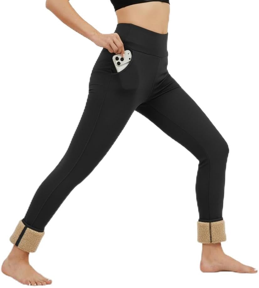 Women's Fleece Lined Leggings Thermal Warm Winter Leggings High Waisted Tummy Control Jogger Yoga Pants with Pockets