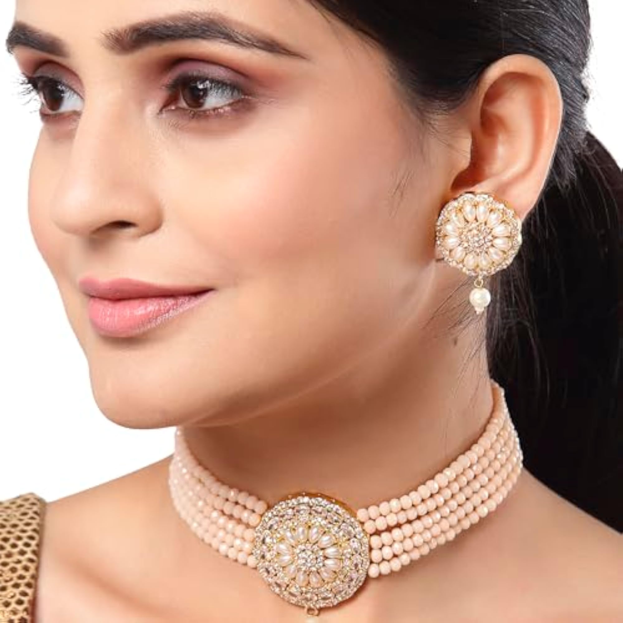 American Diamond Pearl Choker Necklace Earring Set