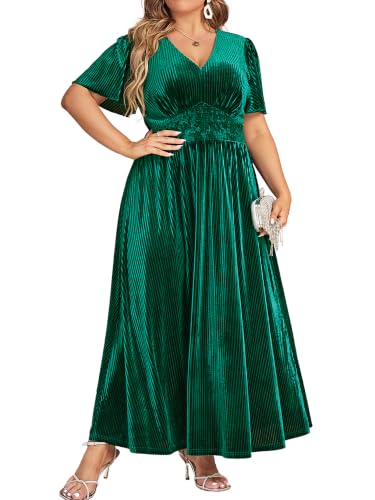 Simplee Women's V Neck Plus Size Velvet Maxi Dress Winter Short Sleeve Evening Party Long Formal Dress for Wedding Guest(2XL Emerald Green)
