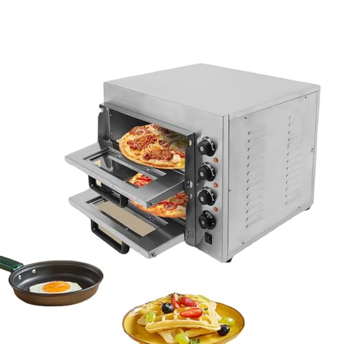 3000W Pizzaofen Elektrisch, 2 Kammer Pizzaofen, Pizza Ofen, 50-350℃, Timer (1-60 Minuten), 2 Schamotte-Steinböden für Backen von Gebäck, Braten, italienischen Pizzen, usw