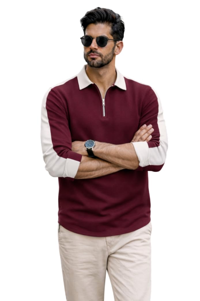 Dagcros Mens Polo T-Shirt with White Contrast Collar | Short Sleeve Zipper Neck Casual Top | Smart Casual T-Shirt for Man (in, Alpha, S, Regular, Black)-picture-22