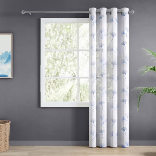 Image of haus & kinder Curtains 7 feet Long | Embroidery Sheer Curtains 7 Feet Long Pack of 1 | Door Curtains 7 feet Light-Filtering & Breathable Sheer Curtains (Ginkgo Grace Blue, 114x213cm)