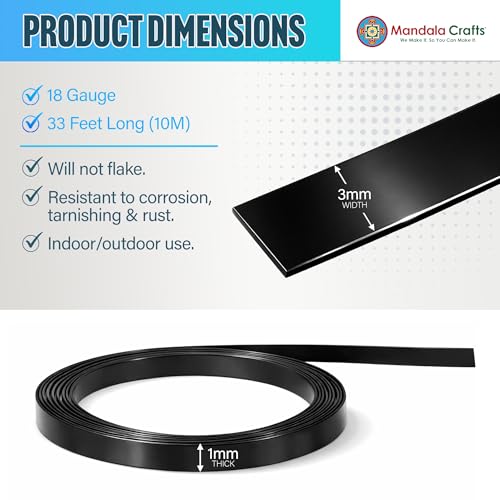 Image of Mandala Crafts 3mm Flat Anodized Aluminum Crafting Wire for Jewelry Making - 33 FT Colored Flexible Black Bezel Wire - Bendable for Bonsai Armature Sculpting