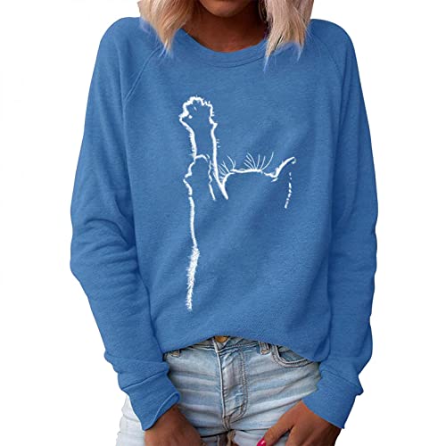 Frühling Herbst Langarm Oberteile, Damen Langarmshirt mit Katzenmotiv Pullover Tierdruck Drucken Oberteile T-Shirt Katze Gedruckte Casual Sweatshirt Tops Loose Rundhals Bluse Pulli Cover