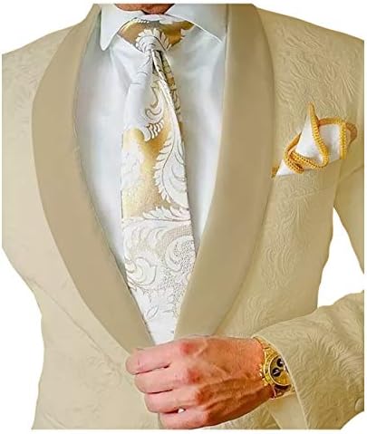 Premium Jacquard Paisley Floral Pattern Slim Fit Tuxedo Prom Wedding Groom Single Breasted Blazer Suits Champagne