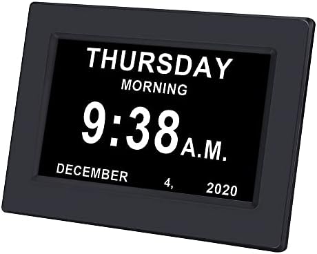 CAZOKASI Auto Dimmable Calendar Day Clock Digital Photo Frame HD Display 12 Alarms Extra Large Impaired Vision Digital Clock with Non-Abbreviated Day & Month Alarm Clock(Black / 7inch)