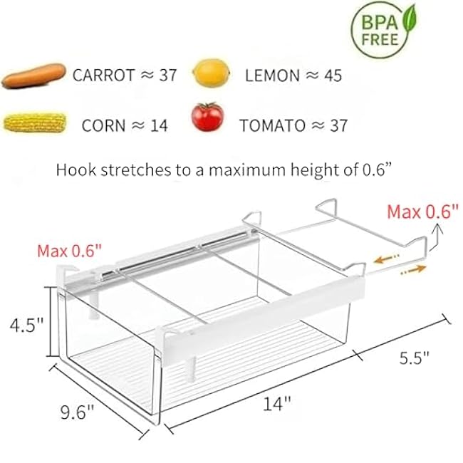 vacane Upgraded Refrigerator Drawers Organizer - Pull Out Fridge Bins with Handle, Extra-Long 19.5 Stretchable and Deep Storage