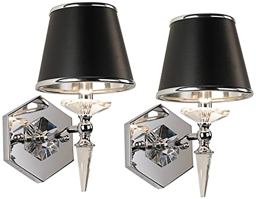 Vienna Full Spectrum Manhattan Modern Wall Light Sconces Set Of 2 Chrome Metal Hardwired 6" Fixture Clear Crystal Black Paper Drum Shade For Bedroom Bathroom Vanity Living Room Home Hallway Dining #TOP1