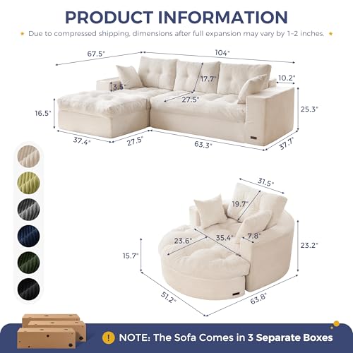 Image of MAXYOYO L Shape Sectional Sofa Couch and Round Chaise Lounge, Modern Cloud Couch with Ottoman, Comfy Sofa with Layered Cushion, Tufted Upholstered Sleeper Chair for Living Room, No Assembly Required