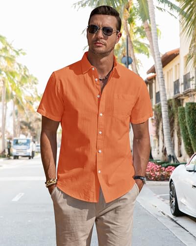 J.VER Herren Leinenhemd Kurzarm Sommerhemd Freizeithemd Kurzarmhemd Men´s Shirt Herren Klassisches Sommer Leinenshirt mit Brusttasche,Orange,L
