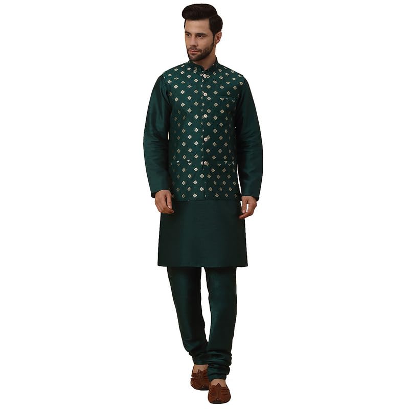 kraft india Men's Silk Blend Green Kurta, Churidar With Jacquard Silk Blend Floral Print Nehru Jacket set-picture-12