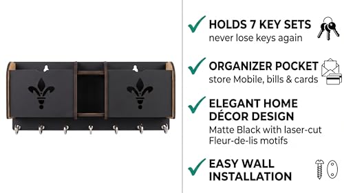 Image of Wall Mount Key Holder & Mail Organizer | Laser-Cut Key Hanger with 7 Metal Hooks, Letter Rack & Pen Stand | Wooden Wall Decor for Entryway, Living Room, Home & Office (Fleurelle)