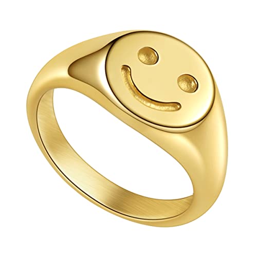 Anillo de oro Smiley|Cara Frown /North Star Anillo de acero inoxidable sólido Anillo de banda de sello simple Joyería diaria, circonita,