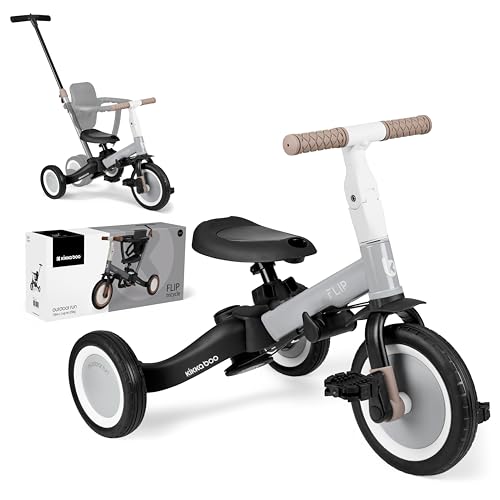KikkaBoo FLIP Triciclo Evolutivo 5 in 1 per Bambini da 1 a 5 Anni, Triciclo Passeggino con Maniglione Regolabile, con o senza Pedali, Trasformabile in Bicicletta, Grigio