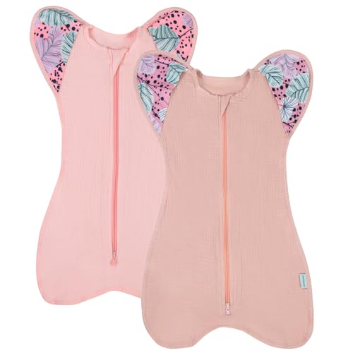 Dormlony Muslin Cotton Transition Swaddle Sack with 2-Way Zipper, Self-Soothing Sleep Sack with Arms up,2 Pack (Gentle Style, 0-3 Months)