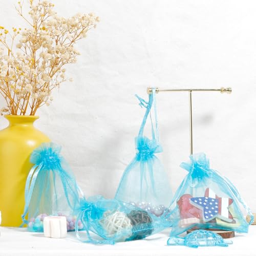 Image of Sheer Organza Bags - 50 Pcs, Small with Drawstring, Jewelry Gift Bags for Parties & Weddings, Mini Candy Bags, Lake Blue