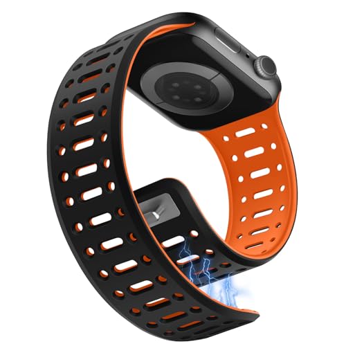 Sixmoat Magnetic Band Compatible with Apple Watch Band 42mm(Series10/11) 41mm 40mm 38mm for Men Women, Breathable Silicone Sport Band for iWatch Series 11 10 9 8 7 6 5 4 3 SE 3/2 (Black-Orange) by Sixmoat - Used condition - CA$15.13