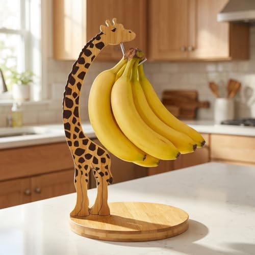 Giraffe Banana Holder Stand for Kitchen Counter, Wooden Banana Hanger