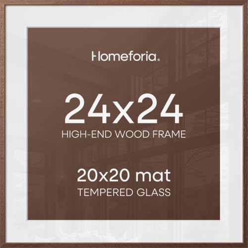 Image of Homeforia 24x24 Picture Frame Brown, High End Dark Oak 24 x 24 Square Wood Frame with Mat 20 x 20 for Photo, 24by24 Wooden Walnut Poster Frame Matted to 20x20 Print, Tempered Glass, Wall Kit, Set of 1