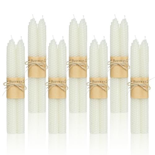 14 Pack Beeswax Taper Candles, Handmade Bees Wax Candle for Home, Dripless & Unscented Candle Sticks, 9" Tall,White Beeswax Candles by Kissingfish