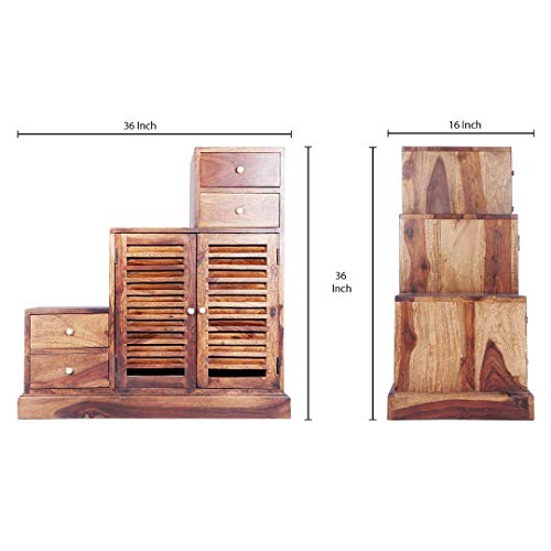 Image of MADE WOOD Solid Sheesham Wood Shoe Rack with 2 Doors & 4 Drawers|Wooden Shoe Storage Cabinet for Home Entryway|Multipurpose Footwear Stand for Slippers,Sandals & Chappal|Provincial Teak Finish|