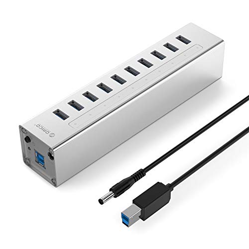 ORICO Aluminio Hub USB 3.0 10 Puertos con Adaptador - Hub USB de Carga y Sincronización (10 x 1.5A) - Compatible con Windows y Mac PC
