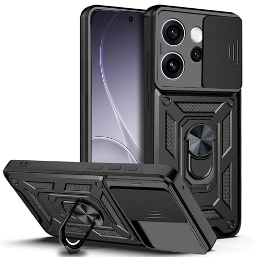 AESTMO Tough Armor Oppo Reno 15 Pro Mini 5G Bumper Back Case Cover | Ring Holder & Sliding Camera Shield Cover | 360 Degree Protection Back Case Cover for Oppo Reno 15 Pro Mini 5G (Black)