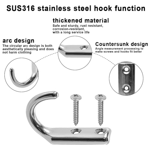 AIMCOCO Heavy Duty Stainless Steel 316 J-Type Wall Hooks, Marine Grade Wall Hanger Key Hook for Wall Mounted Clothing Coat Outdoor Kitchen Garage Utility Hanging Wardrobe Storage Screw, 10PCS by AIMCOCO - Used condition - Image 5