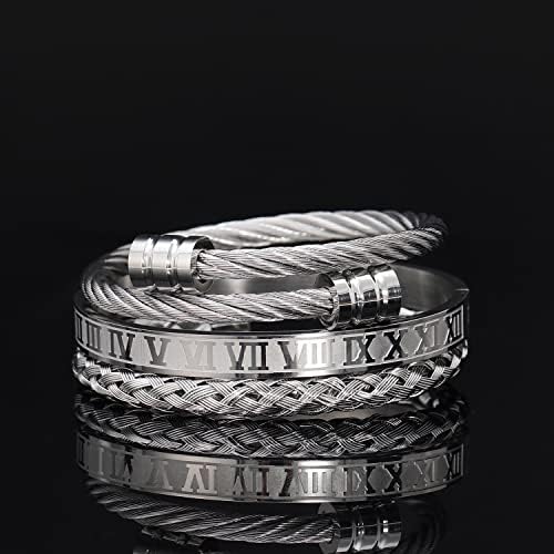 WFYOU 3PCS Stainless Steel Bracelets for Men Gold Roman Numeral Bangle Bracelet Adjustable Cuff Bracelet Mens Luxury Jewelry Bracelets Gifts