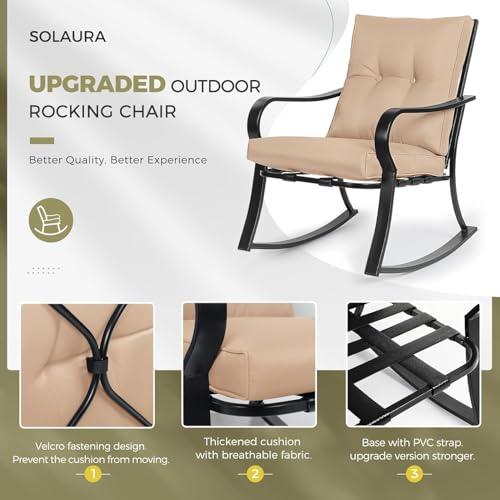 SUNCROWN Outdoor 3-Piece Rocking Chairs Patio Bistro Set Black Steel Furniture with Thickened Cushion and Glass-Top Coffee Table, Brown