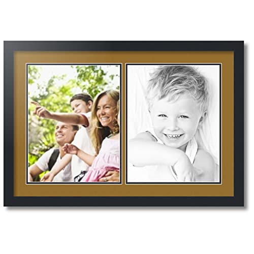 ArtToFrames Collage Photo Frame Double Mat with 2-11x14 inch Openings with Black Frame and El Dorado Top Mat