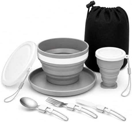 6-teiliges faltbares Camping Geschirrset Edelstahl-Besteck für Picknick | Enthält Messer, Löffel, Gabel, Becher, Schüssel, Teller und Netzbeutel, leicht und praktisch für Wander- u