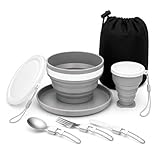 6 teiliges Camping Geschirrset faltbar mit Edelstahl Besteck (Messer, Löffel, Gabel), Becher, Schüssel, Teller & Netzbeutel – perfekt für Reisen, Camping, Picknick & Outdoor Aktivitäten