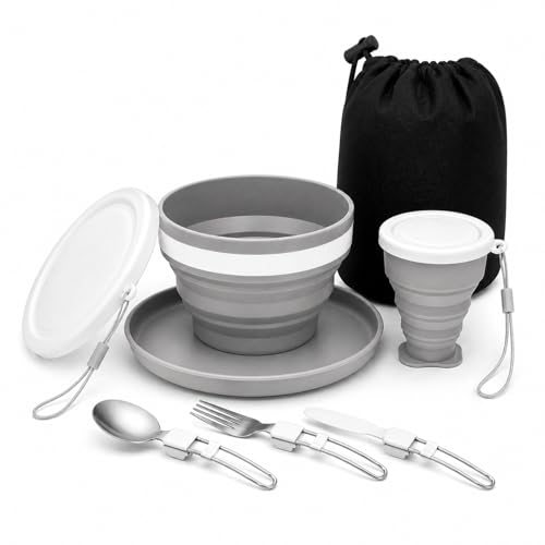 6-teiliges Camping Geschirrset faltbar mit Edelstahl-Besteck (Messer, Löffel, Gabel), Becher, Schüssel, Teller & Netzbeutel – perfekt für Reisen, Camping, Picknick & Outdoor-Aktivitäten