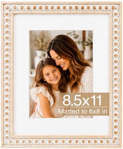 QOTIB Solid Wood 8.5x11 Picture Frame Beaded Frame with 6x8 Mat, Rustic Vintage 8.5 by 11 Photo Frame Matted with Plexiglass for Tabletop or Wall Display, Rustic White