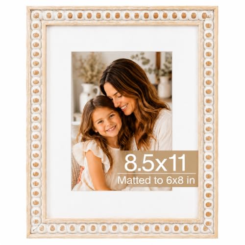 QOTIB Solid Wood 8.5x11 Picture Frame Beaded Frame with 6x8 Mat, Rustic Vintage 8.5 by 11 Photo Frame Matted with Plexiglass for Tabletop or Wall Display, Rustic White