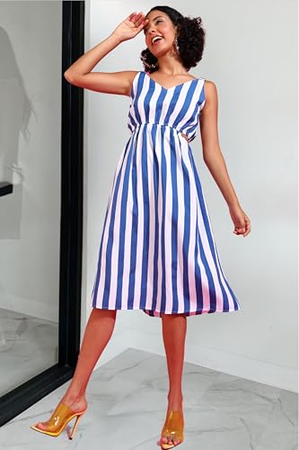 Image of POPWINGS Women Casual Blue & White Stripe Cutout Dress Dress | Stylish Dress | Trendy Dress